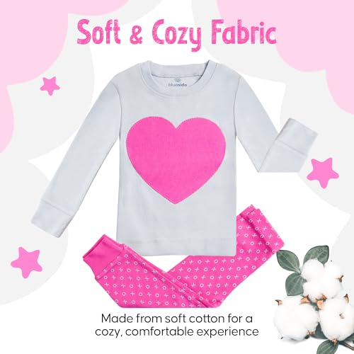 2 Piece Tag Free Pjs for Girls - 100% Cotton Pajamas Set - Kids Summer Pajama - Pink Heart Girl Sleepwear (12M-8Y)2