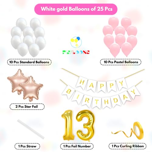 Image of Flyloons 13th Happy Birthday Decoration Kit Pink White for Boys Girls Kids Twins Men Women With 20 Pcs Pastel Balloons Birthday Banner 2 Pcs Star Items Set