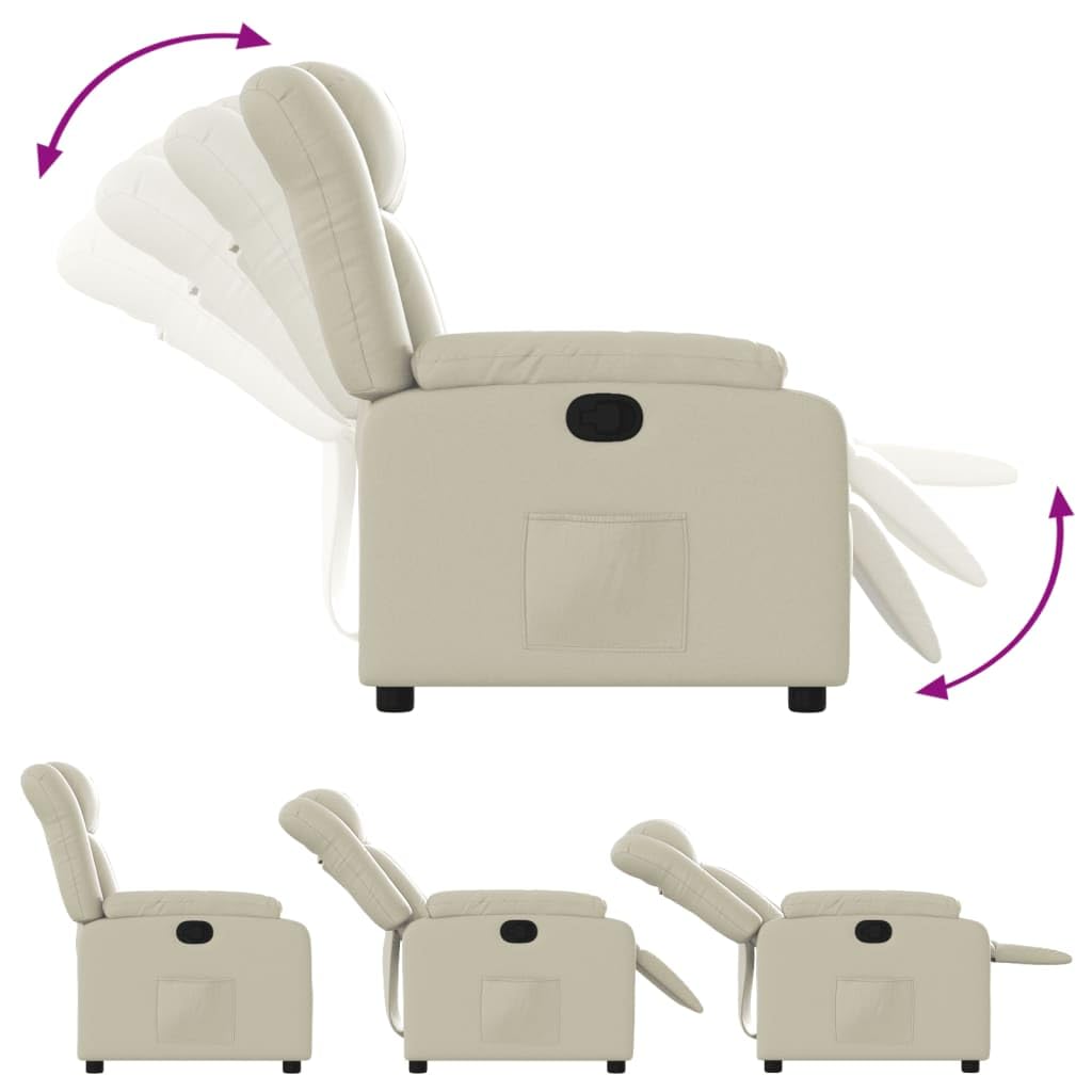 Poltrona relax con funzione reclinabile manuale, poltrona TV regolabile fino a 135 gradi, poltrona imbottita in ecopelle color crema, poltrona TV con poggiapiedi e tasca laterale per soggiorno