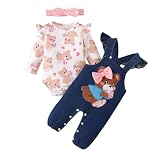 LUVCES Babykleding voor meisjes, herfst, schattig, bedrukt, liefde, romper, top + cartoon-beer, tuinbroek, hoofdband, 3-delige set, 0-18 maanden, A: 3 stuks roze beer, 3-6 Maanden