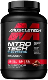 Protein Powders, MuscleTech Nitro-Tech Whey Protein Powder, Creatine Monohydrate, Whey Isolate, Peptides, Protein Shakes for Men/Women, 6.8g of BCAA, Milk Chocolate, 1.8 kg -Packaging May Vary