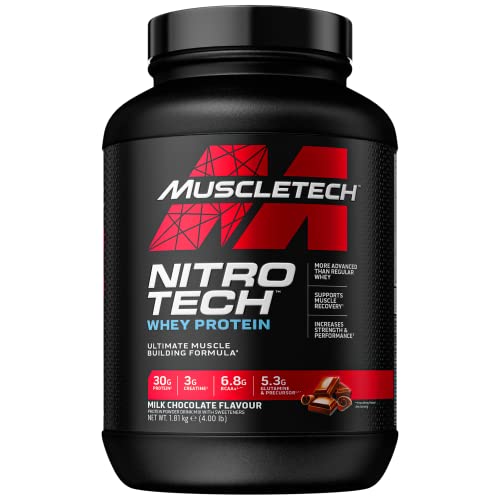 Muscletech Whey Protein Powder (Milk Chocolate, 4 Pound) – Nitro-Tech Muscle Building Formula with Whey Protein Isolate & Peptides – 30g of Protein, 3g of Creatine & 6.6g of BCAA
