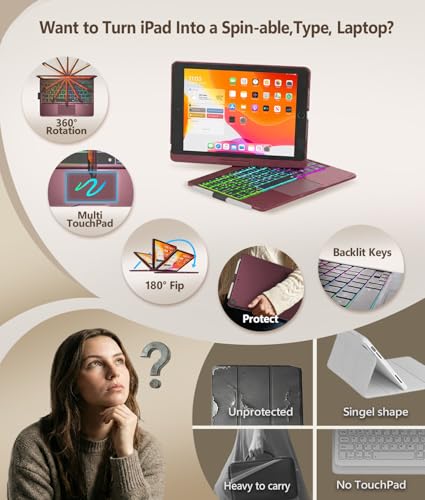 Image of BABG Keyboard Case for iPad 9th Generation, 360 Rotatable Backlit Keyboard with Pencil Holder for 10.2 inch iPad 9th Gen 2021 / 8th Gen 2020 / 7th Gen 2019 and iPad Air 3 / Pro 10.5 inch - Raspberry