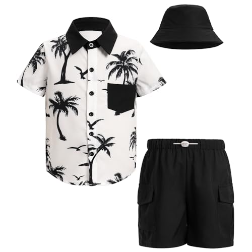 Image of IBTOM CASTLE Boys Hawaiian Button Down Shirts and Short Sets with Bucket Hat Kids Summer Vacation Outfits Tropical Shirt