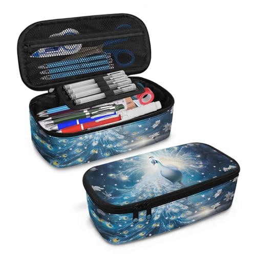 Image of Flower Peacock Large Pencil Pouch for Girls Kids Aesthetic Pencil Case with Protable Handle Children Pencil Container for Boys School Students Coin Purse Handbag for Daily Study