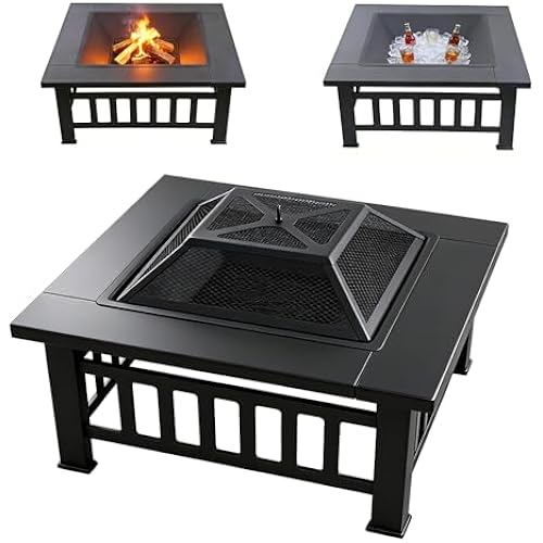 3-in-1 Multifunctional Square Fire Pit Table, 32-Inch Outdoor Metal Fire Pit with Ice Bucket, Black Powder Coated Iron, Charcoal Fueled