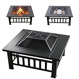 Quilushey 3-in-1 Multifunctional Square Fire Pit Table, 32-Inch Outdoor Metal Fire Pit with Ice Bucket, Black Powder Coated Iron, Charcoal Fueled