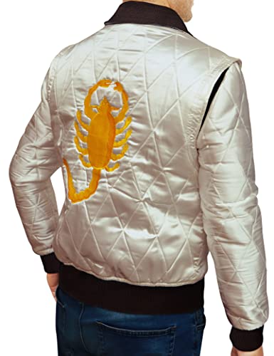 Jjacket Ivory White Premium Quality Satin Fabric Quilted Bomber Jacket with Golden Scorpio Embroidery (Large) - Image 2