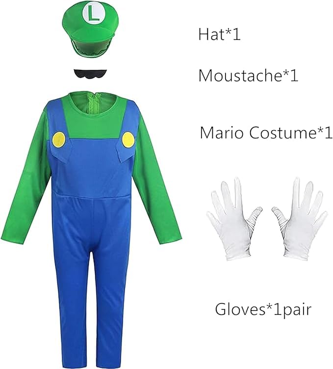 Yisound123 Costume for 3-12,Costume Game Outfit Fancy Dress Up Jumpsuit Bodysuit Cosplay with Hat Gloves Moustaches (Red(3-4)) (Green - Image 3