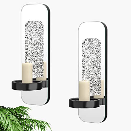 Crystal Crush Diamond Wall Candle Holder,Upscale Silver Mirrored Candle Sconce, Hanging Wall Decor Candlestick For Living Room, Bathroom, Dining & Bedroom Room,Wall Sconces Set Of 2 (Glass, Silver) #TOP1