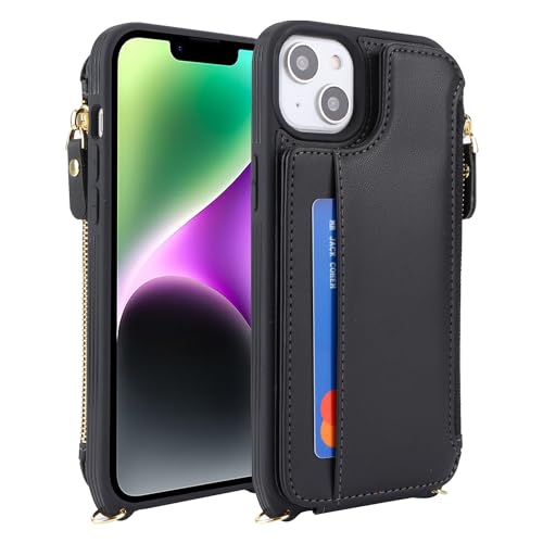 for iPhone 14 / 13 ケース アイフォン 13 14 ショルダー リング付き 手帳型 上下開 iPhone14 iPhone13 CASE カバーSunYoo カード収納 横置き スタント肩がけ 首掛け 斜め掛け ファスナー ストラップ付き ショルダーケース ブラック