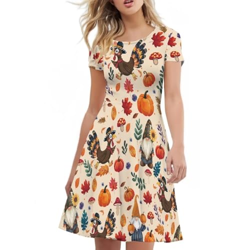 Image of Forchrinse Rooster Pumpkin Dress for Women Midi Tank Dresses Elegant Party Dresses Short Sleeve Flowy A Line Sundress Thanksgiving Midi Dress for Women Plus Size,S-4XL, Large