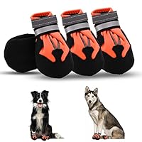 Dog Boots, Set of 4 Waterproof Dog Shoes with Reflective Straps Anti-Slip Sole Outdoor Paw Protectors Puppy Shoes for Small Medium Dogs Autumn Winter (Orange, L)
