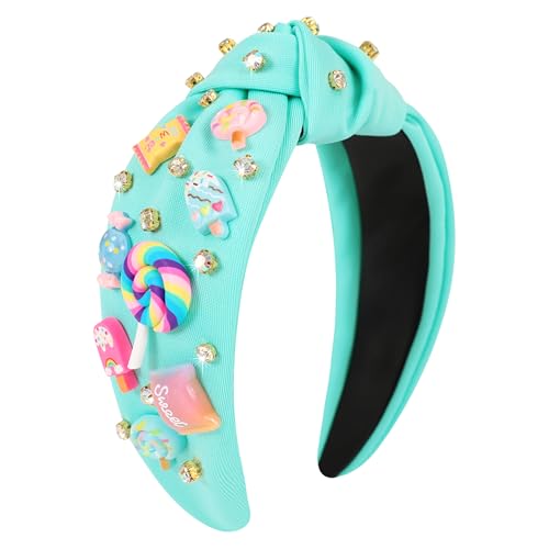 Gmmidea Candy Knotted Headbands for Women Cute Rainbow Lollipop Ice Cream Charm Headband Beaded Wide Top Knot Birthday Hairband Funny Rhinestone Hair Accessories