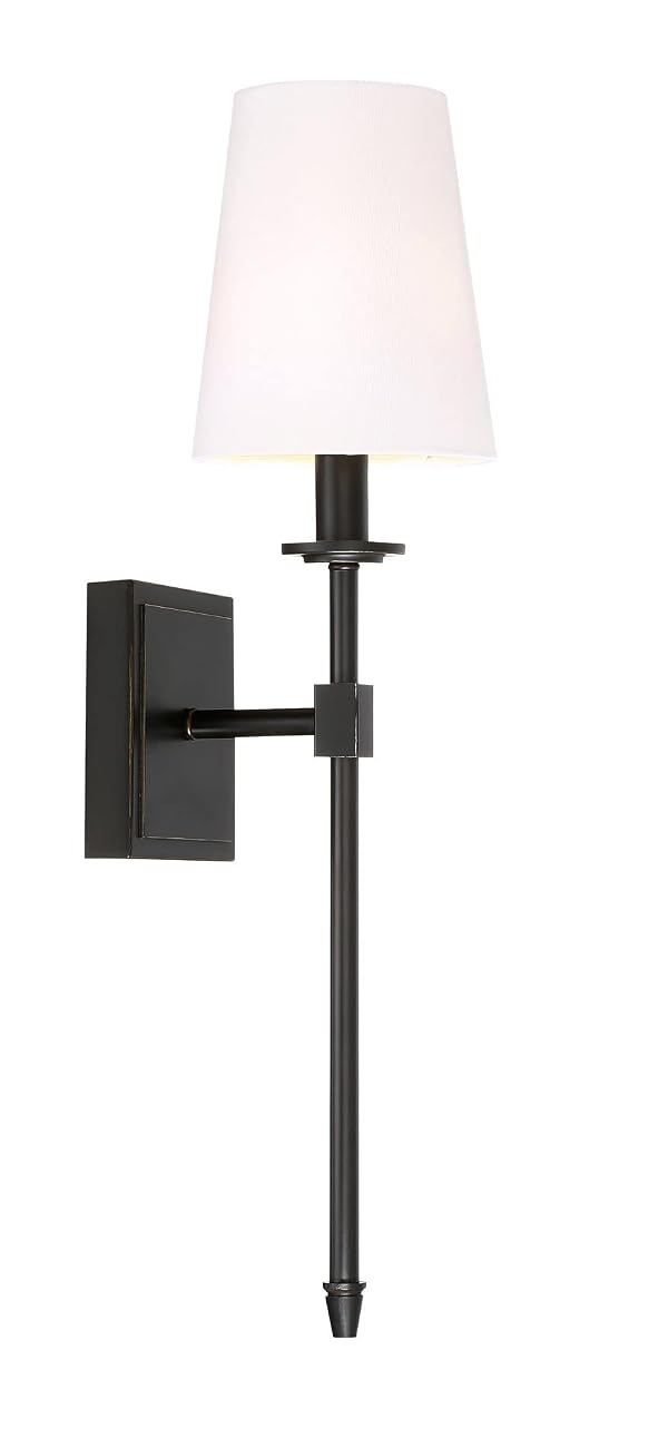 Kira Home Torche 20" Modern Wall Sconce with Tapered White Linen Shade, Candle Wall Light with Elongated Tail, Oil Rubbed Bronze Finish by Kira Home - Used condition - US$25.41