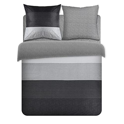 Ropa de cama 155 x 220 cm gris y blanco a rayas, juego de 2 piezas, ropa de cama reversible con cremallera, suave tejido de calidad para verano hasta invierno (C, 155 x 220 cm + 80 x 80 cm, 2 piezas) Cover