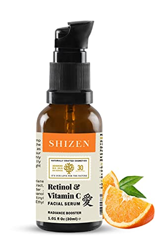 SHIZEN - Retinol & Vitamin C Facial Serum - Radiance Booster | 100% Organic | With Turmeric Oil, Honey & Oil Extract, Enhances Skin Elasticity & Skin Texture, Vegan (30 ml)- 1.01 Fl Oz