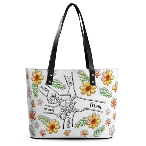 NOONATIVE Personalizadas Tomando la mano de mamá Bolso de mano de Cuero con Nombre,Personalizadas Bolso de Hombro Bolsa Tote,Regalo del día de la madre para mamá abuela