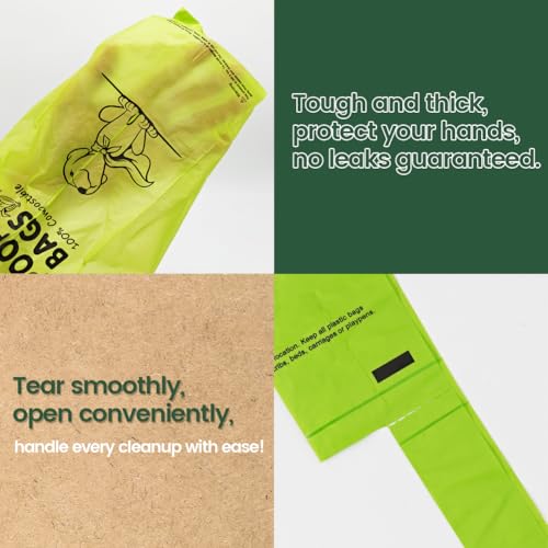 Image of Ley's Compostable Dog Poop Bags, Plant-Based Biodegradable Doggie Waste Bags with Easy Tie Handles, Unscented, Vegetable-Based, Dog Bags Refill Rolls with Dispenser and Leash Clip