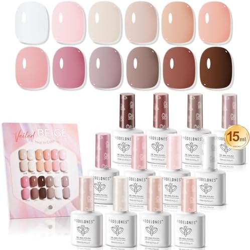 Modelones 15ML 12Pcs Gel Nail Polish Set, Same Color Same Bottle Nude Pink Milky White Beige Skin Tones Neutral Brown Hema-free Gel Polish Kit Spring Soak Off Gel Polish Set Manicure Nail Art
