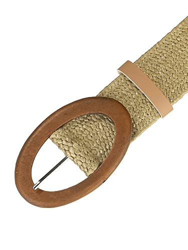Women Woven Wide Stretch Belts, Straw Rattan Oval Wooden Buckle Elastic Waist Belt Waistband2