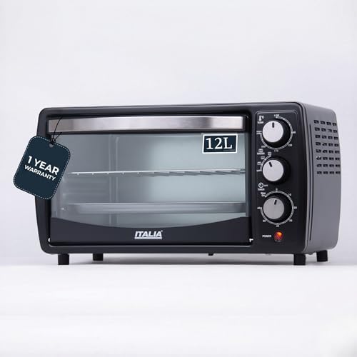 Image of ITALIA Premium 12L Multi-Function OTG for Kitchen, 1200W Oven Toaster Griller, Bake Grill Toast, Oven for Baking, Adjustable Temperature & Timer, Black, Unique 3 Key Setup, 1 Year Warranty (Black)