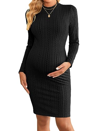 Ekouaer Maternity Dress Rib Knit Mock Turtleneck Long Sleeve Stretchy Bodycon Pregnancy Dresses Black L cover