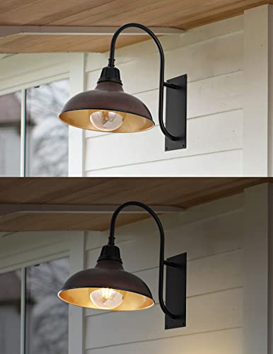 Image of JONATHAN Y 12.25 inch Wood Finish /Copper Farmhouse Gooseneck Outdoor Wall Sconce Lamp, with Black 1-Light Metal Bowl Shade, Industrial Iron LED Porch Light for Patio Garage Entryway (JYL7614G)