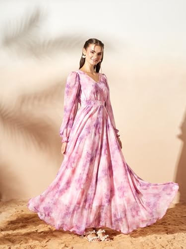 Image of Miss Chase Women's Multicolored-Base-Brown Relaxed Fit Maxi Lurex Chiffon Dress