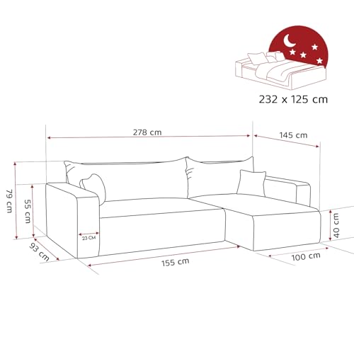 GREKPOL Sofa mit Schlaffunktion 278x145 Sofa 3 Sitzer XL - Ecksofa mit Schlaffunktion und Bettkasten - Schlafsofa mit Bettkasten - Wohnzimmer Couch – Bild 4