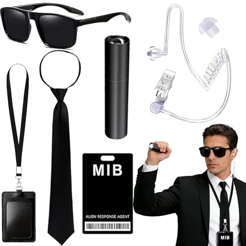 DONGZQAN Men in Black Kostüm Men in Black Blitzdings Secret Agent Mit Schwarzer Sonnenbrille Zip Krawatte Hörer ID Karte und Kartenhalter Für Cosplay Party