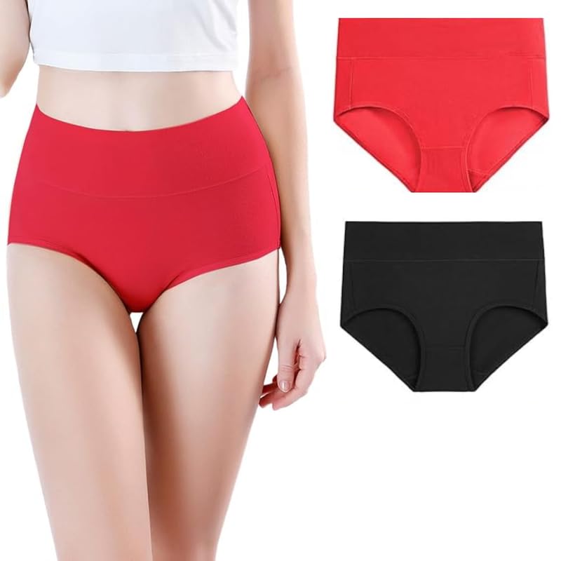 Women's Regular Cotton Spandex Underwear Tummy Control High Waist Ladies Panties Full Coverage Seamless Briefs | Free Size Soft Breathable Ladies Panties - Pack of 2 Black Red-image-25