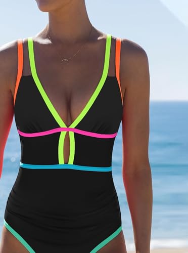 popvil Women One Piece Swimsuit 2025 Tummy Control Sexy Cutout Neon Color Block Bathing Suit Deep V Neck Adjustable Swimwear3