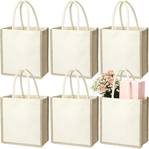 SOUJOY 6 Pack Burlap Tote Bags, 23×25 cm Small Beach Bags, Reusable Jute Gift Tote with Handles, Canvas Grocery Shopping Tote for Bridesmaid, DIY, Shopping, Pool, Wedding Bag