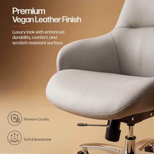 Image of DROGO Calista Ergonomic Office Chair for Work & Home with Premium Vegan Leather | Executive Boss Chair with 5 Cm Seat Depth Adjustment | 3-Point Tilt Recline Lock | Heavy Duty Metal Base (Beige)