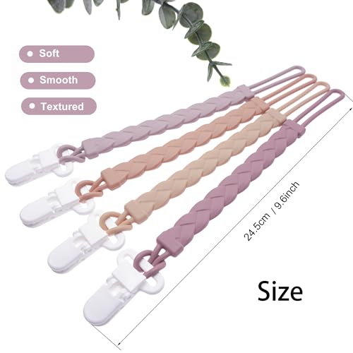 Image of Silicone Pacifier Clips Baby Boys Girls, 4-Pack Flexible Woven Rope Braided Pacifier Clip Holder for Teething Relief and Baby Essentials, Newborn Paci Binky Clips (Girl's Color)