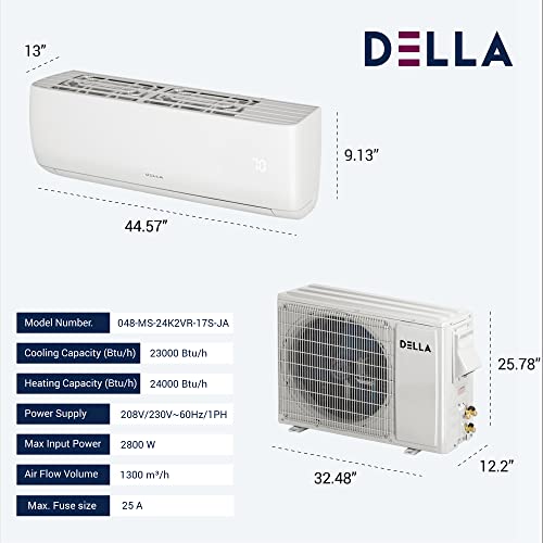 Della 24000 Btu Wifi Enabled 18.5 Seer2 Cools Up To 1500 Sq.ft 208-230V Mini Split Air Conditioner & Heater Ductless Inverter System With 2 Ton Pre-Charged Heat Pump (R32 Refrigerant) (Ja Series) #TOP6