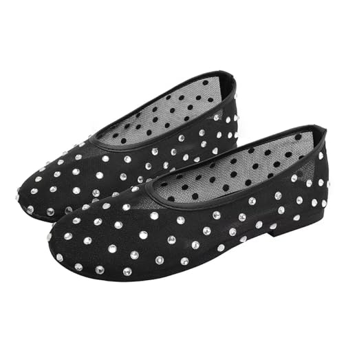 Hee grand Mesh Flats for Women Round Toe Shallow Slip On Ballerina Shoes Rhinestone Studded Drees Shoes