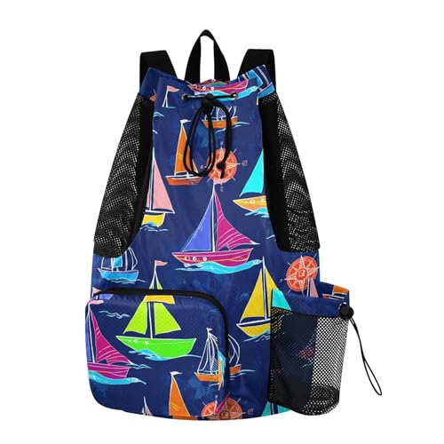 Sailboat Drawing Navy Drawstring Gym Backpack for Men Women Pull String Sports Swim Bag with Mesh Pocket & Adjustable Strap Outdoor Casual Portable Bag for Travel Swimming Outdoor