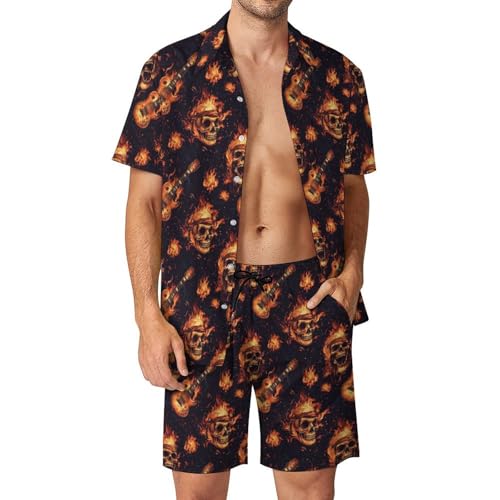 Lyngora Red Flame Skull Guitar Print Mens Summer Vacation Cruise