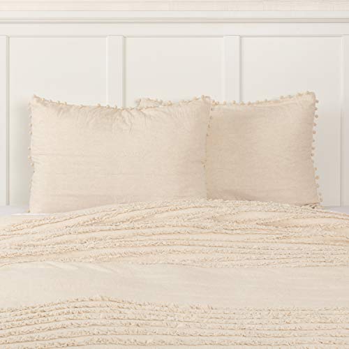 Piper Classics Olivia Standard Sham Bed Pillow Cover W/Macrame Pompoms, 21" X 27", Quilted, Natural Cream Linen/Cotton. Cottage, Boho, Vintage Farmhouse Bedding #TOP23