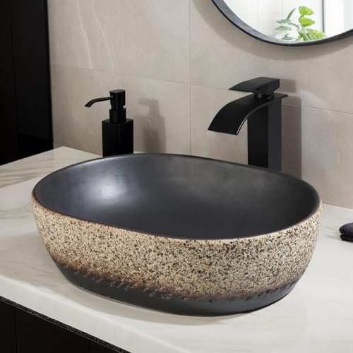 Focitland 19 Inch Stone Bathroom Sink Basin with Waterfall Faucet and Pop-up Drain Combo,Tan...