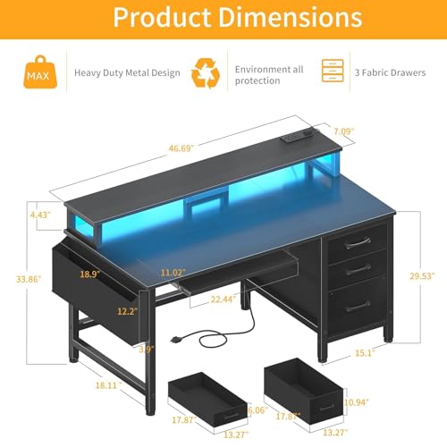 Image of DLisiting Black Gaming Desk with Fabric Drawers - 47 Inch Black Office Desk with File Cabinet Keyboard Tray Monitor Stand Power Outlets, Work PC Desks for Adult Boys Teen Home Office