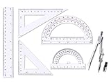 oxe Student Math Geometry Set,Drawing Compass 4 Inch and 6 Inch Clear Math Protractor Triangle Ruler 30/60 45/90 Degree and 8 Inch Ruler,Set of 6 Pcs