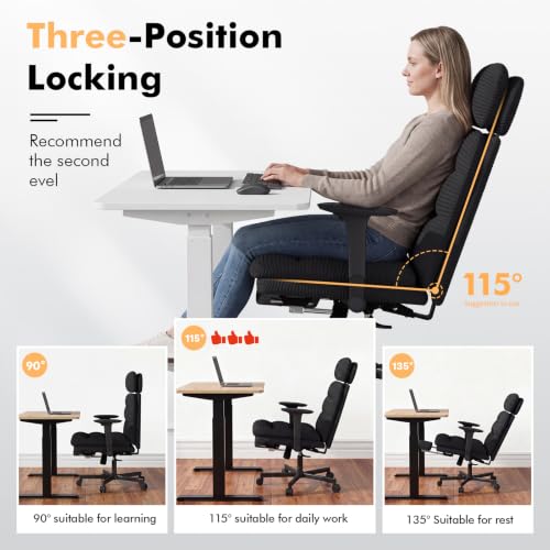 Image of GXJ Criss Cross Legged Office Chair with Flip-up Arms, Footrest, G800 Plus | 6.3 inch Cushion Relieves Tailbone Pain, Head-Lumbar Support Eases Fatigue, Smooth Rolling Wheels, Corduroy Desk Seating, Black