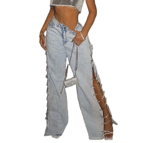 Mandonce Jeans for Women Wide Leg Cut Out Distressed Fringe Jeans High Waisted Diamond Chain Patchwork Trendy Sexy