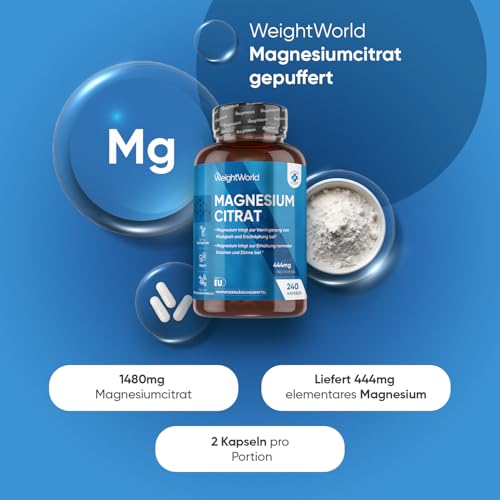 Magnesiumcitrat Kapseln gepuffert - 444mg Elementares Magnesium pro Portion - 240 vegane Kapseln - 4 Monate Vorrat Magnesium trägt zur Verringerung von Müdigkeit & Erschöpfung bei (EFSA) - WeightWorld – Bild 3