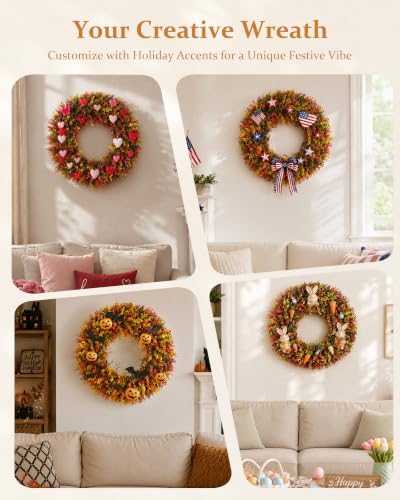 Image of DDHS 20 inch Fall Wreath for Front Door,Artificial Boxwood Wreath-Hello Sign