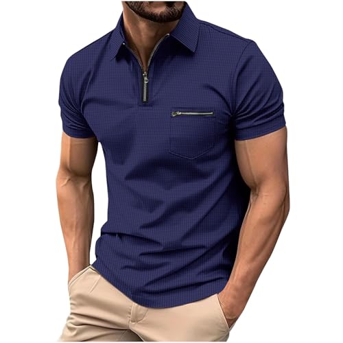 Mens Polos Shirts Short Sleeve UK Sale, Quarter Zip Golf Polos Shirts Slim Fit Solid Color Tennis T-Shirt Breathable Summer Casual Waffle Tee Tops Turn-Down Collar Pullover with Zipper Pocket Navy