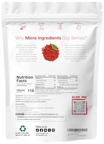 Micro Ingredients Organic Goji Berries, 32 Ounces,100% Natural Sun-Dried Whole Fruit,Sulfate & Additive Free,Large Berry Form, Great Flavor for Drinks, Snacks, & Beverages,Non-GMO & Vegan